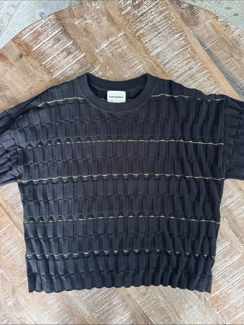 The Endery Black Gold Wiggle Stripe Knit Grid Tee M/L - Picture 2 of 8